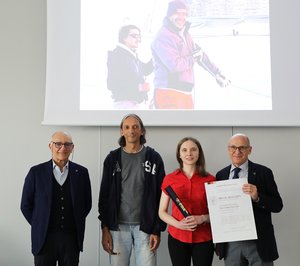 Da sinistra Edi Piasentier, Fabio Marroni, Micol Boschin, Roberto Pinton. Alle spalle l'immagine di Massimo Vischi sulla barca-laboratorio 'Uniud Sailing Lab'