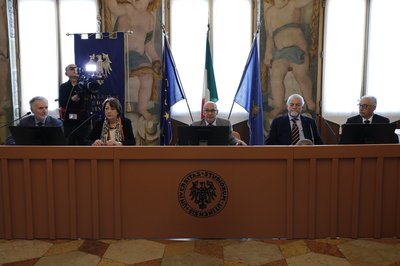 La presentazione della convenzione con Marcellino Gaudenzi, Cristiana Compagno, Roberto Pinton, Sebastiano Favero, Dante Soravito de Franceschi