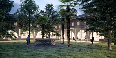 Chiostro con mensa e studentato - render Progetto CMR