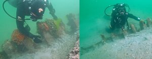 I subacquei in fase di monitoraggio del relitto inedito (foto Carabinieri del nucleo per la tutela del patrimonio culturale)