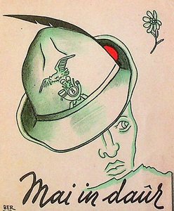 Riproduzione di cartolina illustrata Guido Bertello (1941). Tratta da: Antonio Cittolin, "Alpini: le più belle cartoline illustrate" (Vittorio Veneto, De Bastiani, 2017)