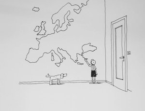 Opera di Franco Matticchio, fra i disegni dell'illustratore collocati negli uffici dell'Area Servizi per la ricerca e della Direzione amministrazione e finanza dell'Ateneo